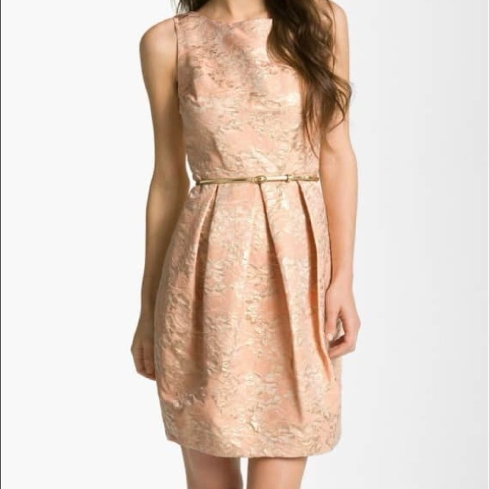 NWT Eliza J Jacquard Tulip Blush and Gold Dress Size 8 ** please read no belt